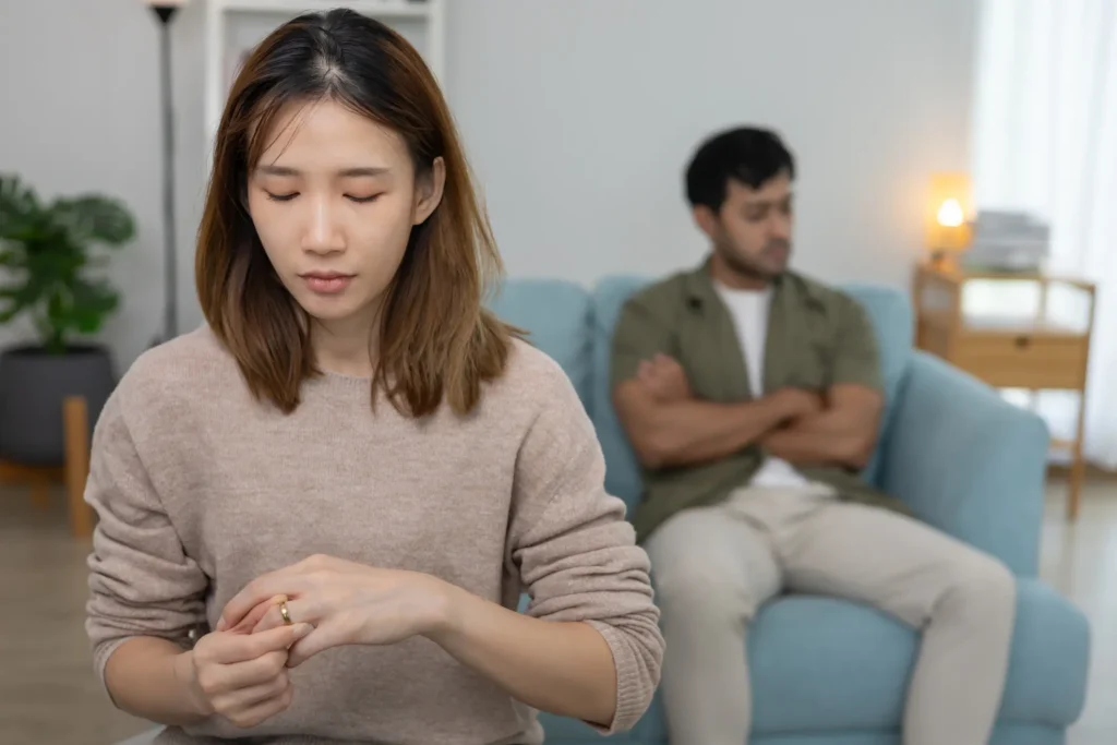 A couple in distress because one partner won't work on improving their relationship.