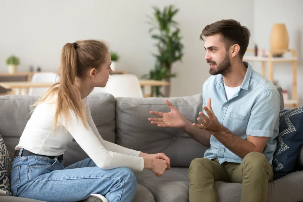 Young couple having an important conversation before getting married.